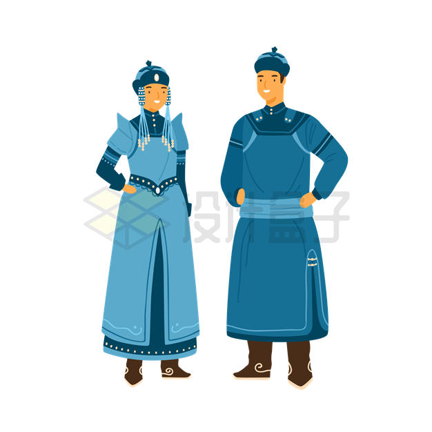 身穿蓝色传统服饰的蒙古族男女7151662矢量图片免抠素材 人物素材-第1张