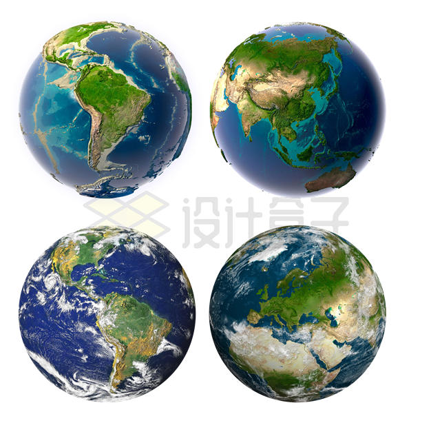 4个不同角度的逼真地球3D模型9758371PSD免抠图片素材 科学地理-第1张