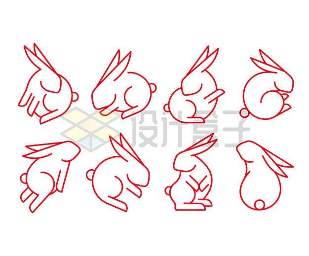 8款红色线条兔子图案兔年插画1634101矢量图片免抠素材 节日素材-第1张