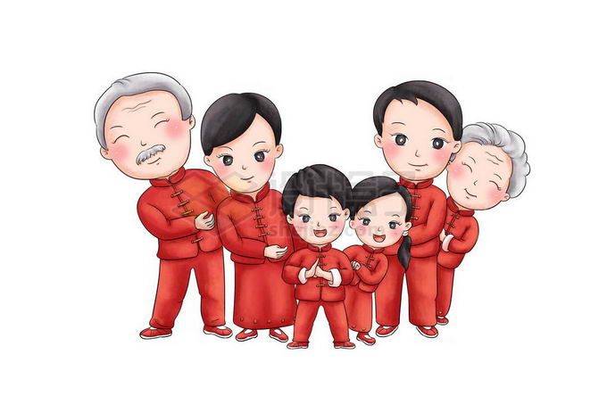 新年春节身穿红色服装的一家六口爷爷奶奶爸爸妈妈儿子女儿拜年5520029免抠图片素材 人物素材-第1张
