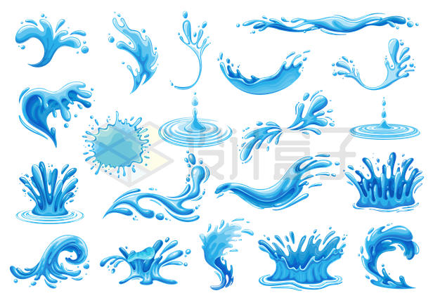 各种蓝色的卡通液滴水滴水花效果6740323矢量图片免抠素材 效果元素-第1张