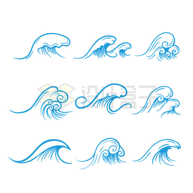 9款蓝色线条大浪海浪浪花图案9941537矢量图片免抠素材 线条形状-第1张