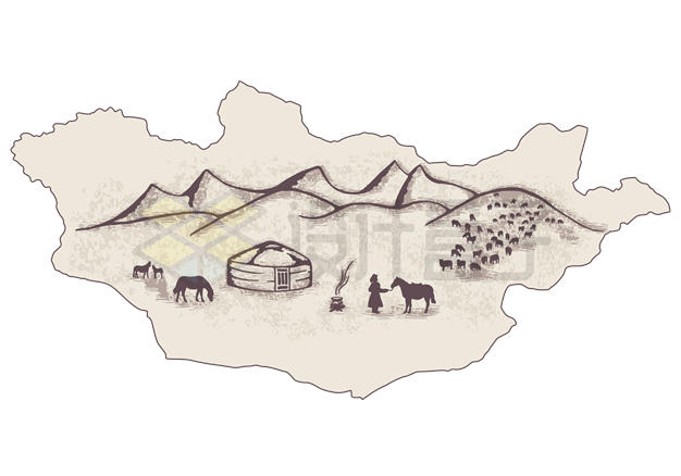 手绘风格蒙古国旅游地图7735767矢量图片免抠素材 科学地理-第1张