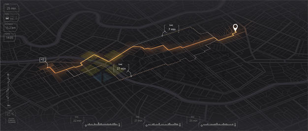 暗黑风格城市地图和多条醒目发光橙色导航线路7894170矢量图片免抠素材下载 交通运输-第1张
