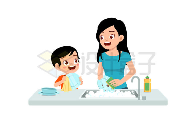 卡通男孩帮着妈妈洗碗洗盘子做家务1769939矢量图片免抠素材 生活素材-第1张