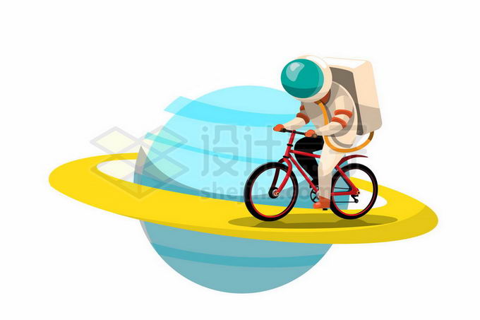 卡通宇航员在土星光环上骑自行车3377823矢量图片免抠素材 军事科幻-第1张