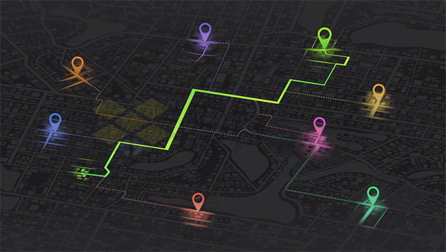 暗黑风格城市地图和醒目发光彩色导航线路7827108矢量图片免抠素材下载 交通运输-第1张