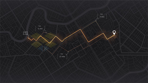 暗黑风格城市地图和多条醒目发光橙色导航线路3308653矢量图片免抠素材下载 交通运输-第1张