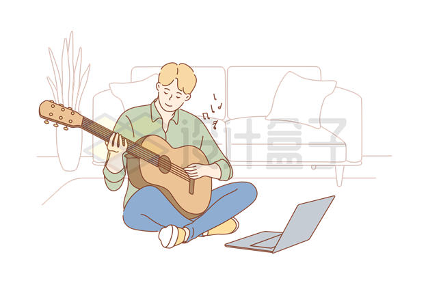 卡通男孩盘坐在地上学弹吉他谱曲插画2682423矢量图片免抠素材 休闲娱乐-第1张