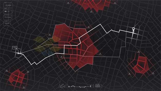 暗黑风格城市地图和红色封锁区域及多条白色导航线路7951235矢量图片免抠素材下载 交通运输-第1张