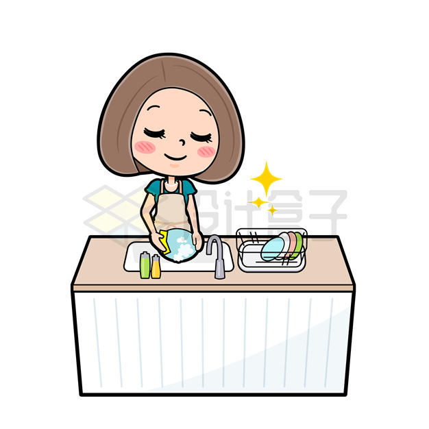 卡通女孩正在洗盘子洗碗做家务5551226矢量图片免抠素材 生活素材-第1张