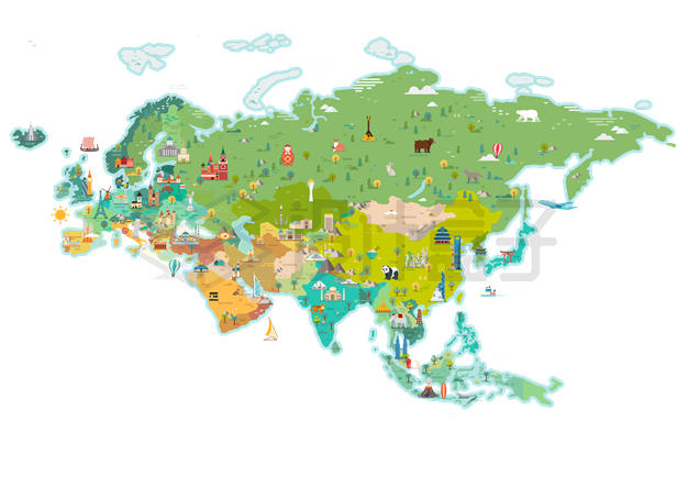 亚洲欧洲亚欧大陆旅游地图1656989矢量图片免抠素材 科学地理-第1张