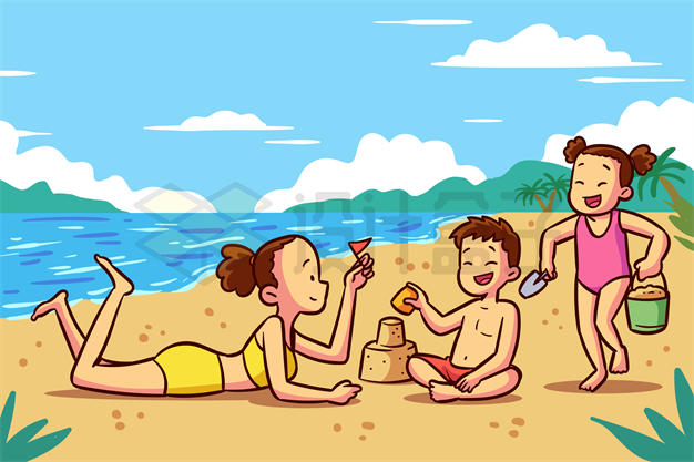 沙滩海滩上玩耍的一家人插画9332200矢量图片免抠素材下载 休闲娱乐-第1张