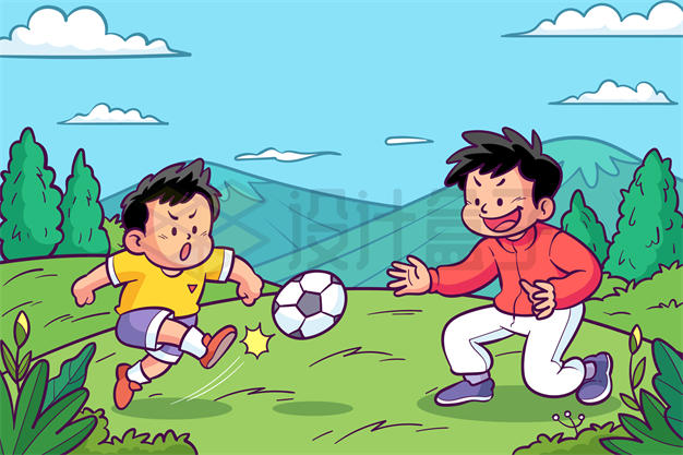 父亲节卡通爸爸和儿子一起踢足球9254747矢量图片免抠素材下载 人物素材-第1张