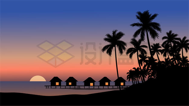 海边度假村看到的椰树剪影和日出或日落风景插画3685895矢量图片免抠素材下载 标志LOGO-第1张