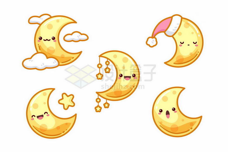 5款超可爱的卡通弯弯的月亮正在睡觉晚安晚上好儿童画8924687矢量图片免抠素材 生物自然-第1张