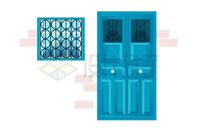 蓝色卡通大门和窗户3362771矢量图片免抠素材 建筑装修-第1张