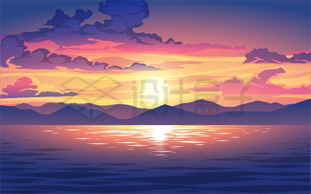 日出或日落看到的远处的高山和湖泊风景插画4712114矢量图片免抠素材下载 生物自然-第1张