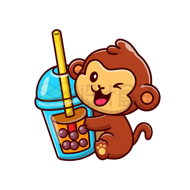 卡通小猴子抱着一杯珍珠奶茶6711994矢量图片免抠素材下载 生活素材-第1张