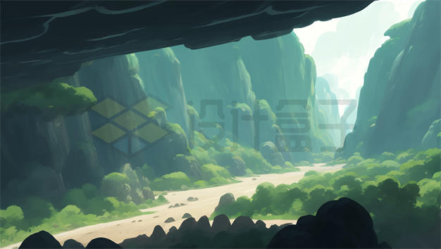 山洞外的峡谷唯美风景插画4835274矢量图片免抠素材 背景-第1张