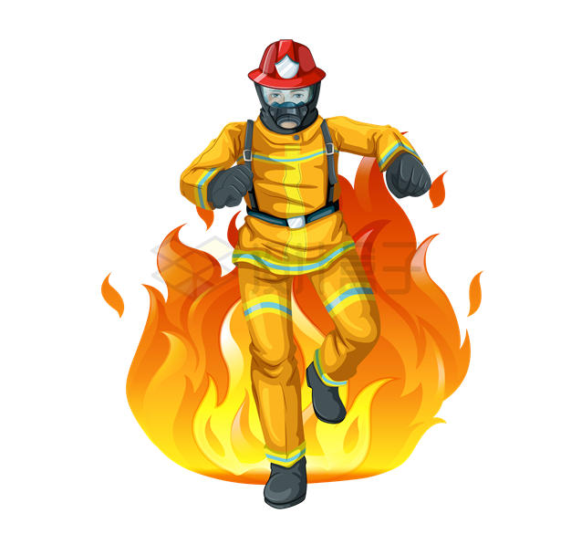 勇敢的消防员战士在火焰中奔跑消防宣传插画6502170矢量图片免抠素材 人物素材-第1张