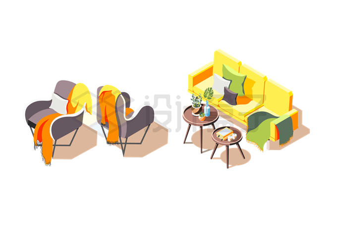2.5D风格2个单人沙发和双人沙发8178228矢量图片免抠素材 建筑装修-第1张