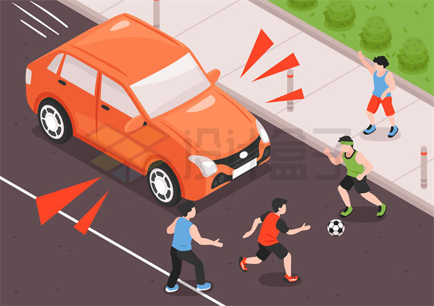 在马路上踢足球的儿童交通安全教育插画2772921矢量图片免抠素材 交通运输-第1张
