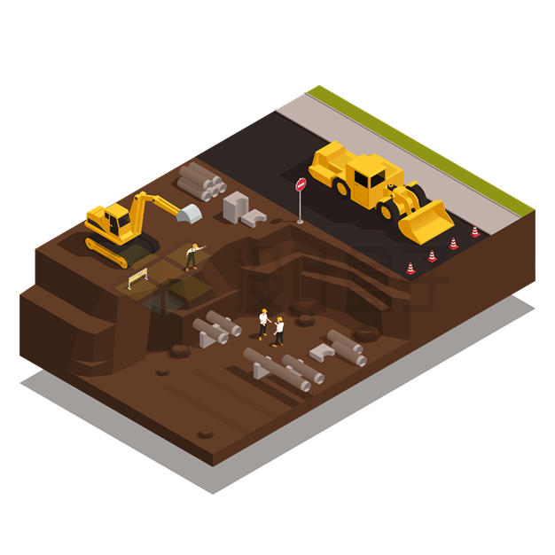 2.5D风格道路施工中的铲车和挖土埋设管道的挖掘机6966224矢量图片免抠素材 工业农业-第1张