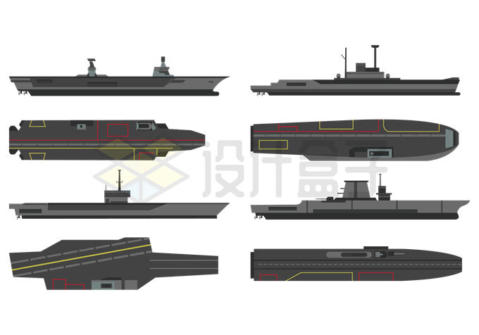 4款航空母舰侧面和平面图9287561矢量图片免抠素材 军事科幻-第1张