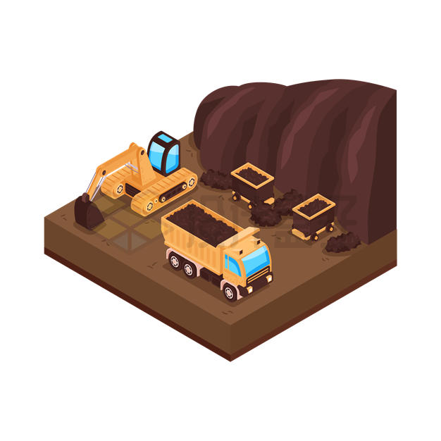 2.5D风格矿山中挖矿的挖掘机和矿车5860300矢量图片免抠素材 工业农业-第1张