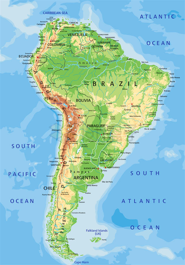 等高线南美洲地形地图行政区划地图带海洋等深线8804421矢量图片免抠素材 科学地理-第1张
