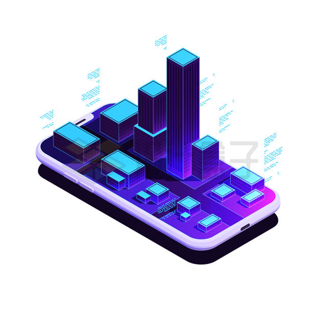 2.5D风格蓝紫色手机上的城市建筑物大楼模型2598673矢量图片免抠素材 建筑装修-第1张