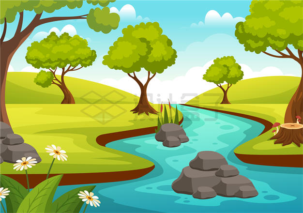 卡通小河流和旁边的草地大树风景插画8178650矢量图片免抠素材 生物自然-第1张