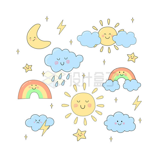 各种卡通太阳云朵彩虹和月亮儿童插画5032060矢量图片免抠素材 生物自然-第1张