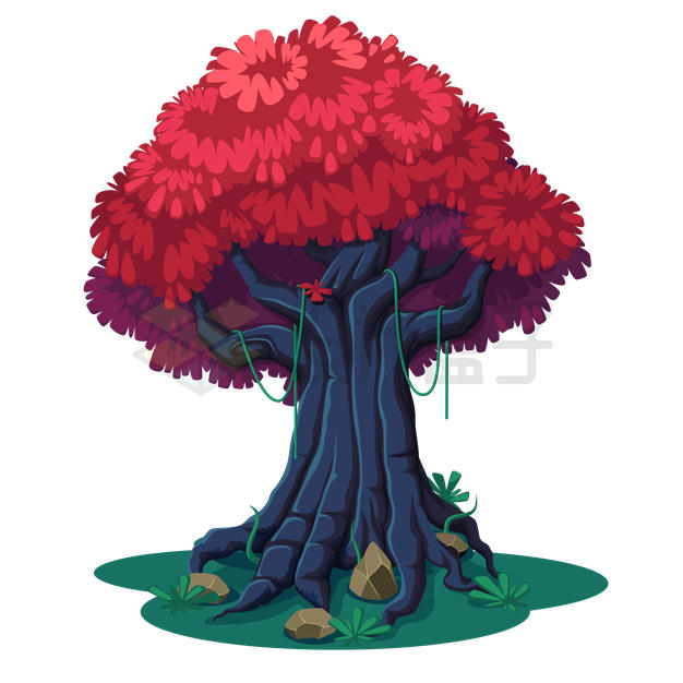 一棵红色树冠的卡通大树3073219矢量图片免抠素材 生物自然-第1张