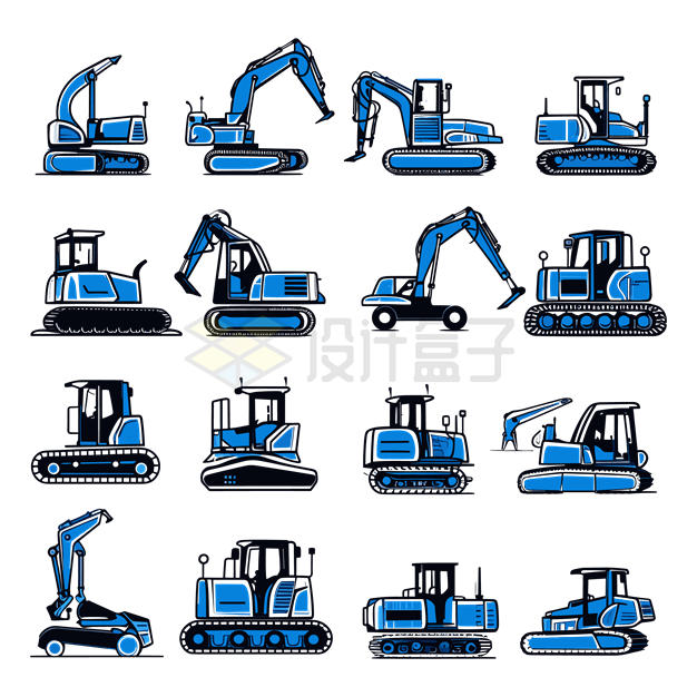 16款手绘风格蓝色挖掘机推土机等工程机械9082056矢量图片免抠素材 工业农业-第1张