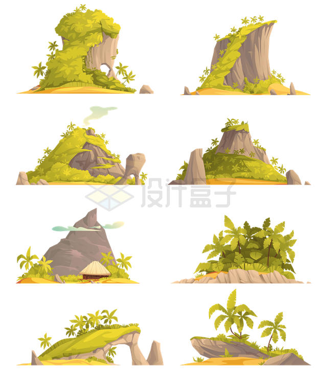 八款卡通风格小岛岛屿海岛风景图6402502矢量图片免抠素材 生物自然-第1张