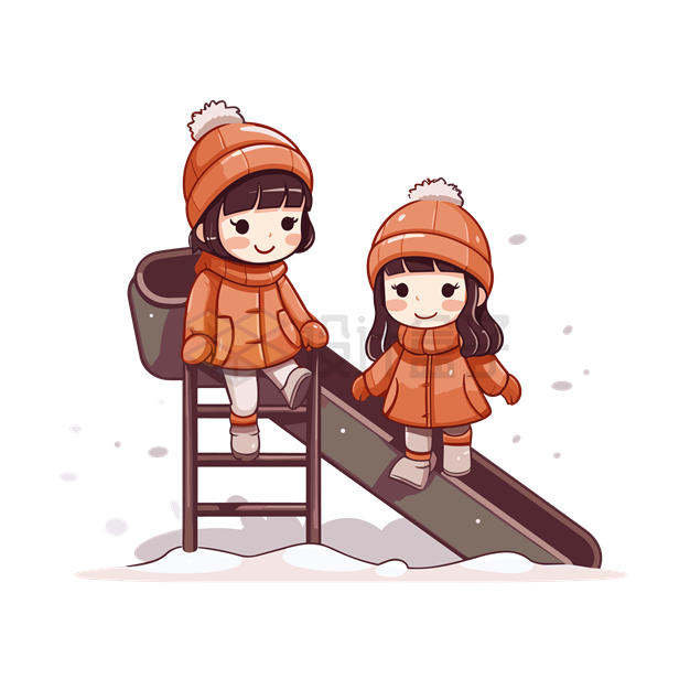 冬天里两个卡通女孩正在玩滑滑梯5607447矢量图片免抠素材 人物素材-第1张