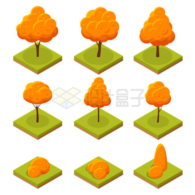 9款2.5D风格秋天里变红的卡通大树和灌木1716747矢量图片免抠素材 生物自然-第1张