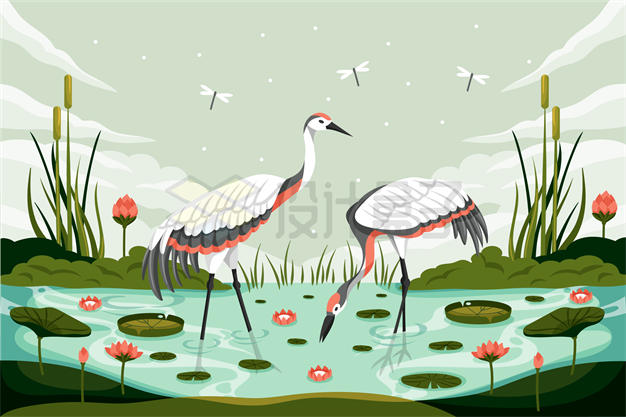 在池塘里面觅食的仙鹤丹顶鹤水鸟插画9606178矢量图片免抠素材 生物自然-第1张
