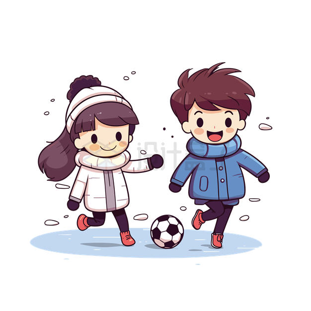 冬天里一起踢足球的卡通男孩女孩5945194矢量图片免抠素材 人物素材-第1张