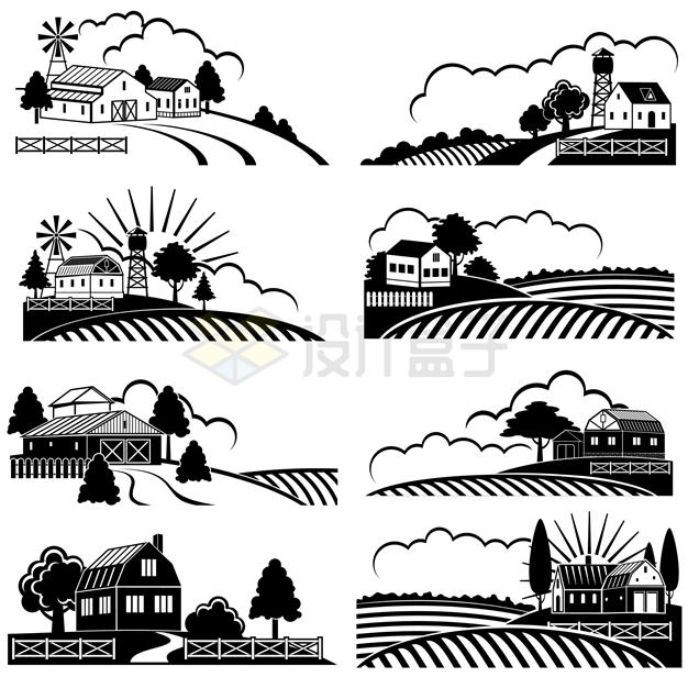 8款黑白插画风格的农村乡村风景6132028矢量图片免抠素材 生物自然-第1张