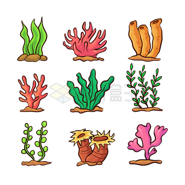 九款卡通珊瑚海带海草等海底动植物8185872矢量图片免抠素材 生物自然-第1张