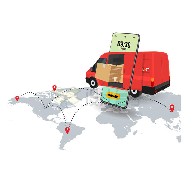 世界地图上的面包车和手机象征了物流快递行业插画3566616矢量图片免抠素材 交通运输-第1张