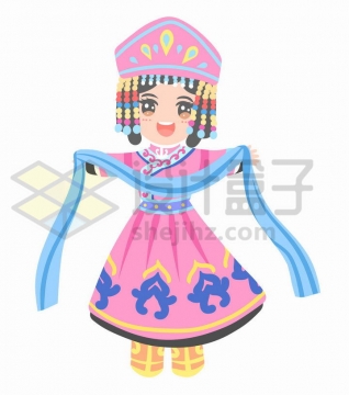 献哈达的Q版卡通蒙古族少女传统服饰少数民族png图片免抠素材
