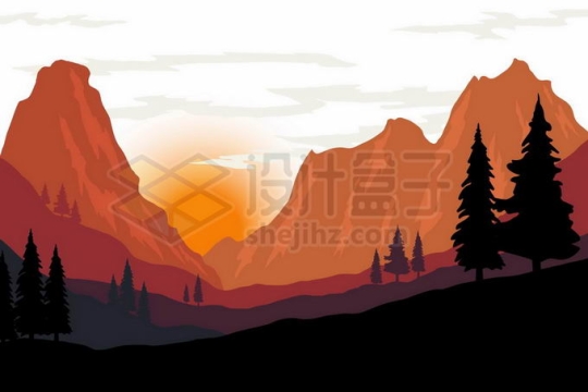 夕阳西下或者是日出的太阳照射下红色的大山远山高山山峰以及近处的森林剪影风景7047052矢量图片免抠素材免费下载