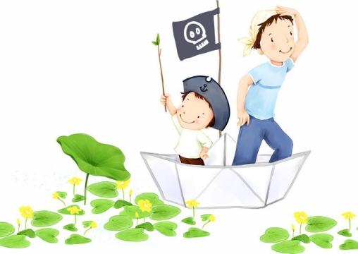 2个卡通小朋友坐在纸船上装作海盗船游荡在荷叶之间儿童节插画8601222png免抠图片素材