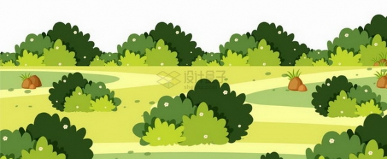 春天夏天青草地和灌木丛乡村风景插画png图片免抠矢量素材