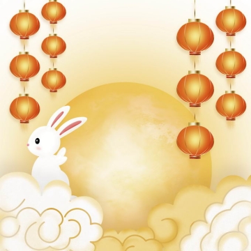中秋节黄色的月亮和卡通玉兔大红灯笼祥云5741675免抠图片素材