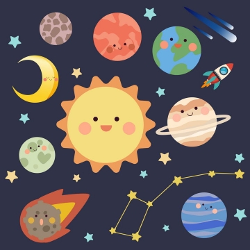 可爱卡通风格太阳系各大行星和星座天文科普图片免抠素材